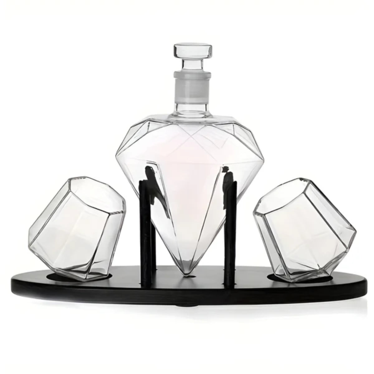 Diamantförmiges Whisky-Dekanter-Set mit 2 Gläsern und Holzständer