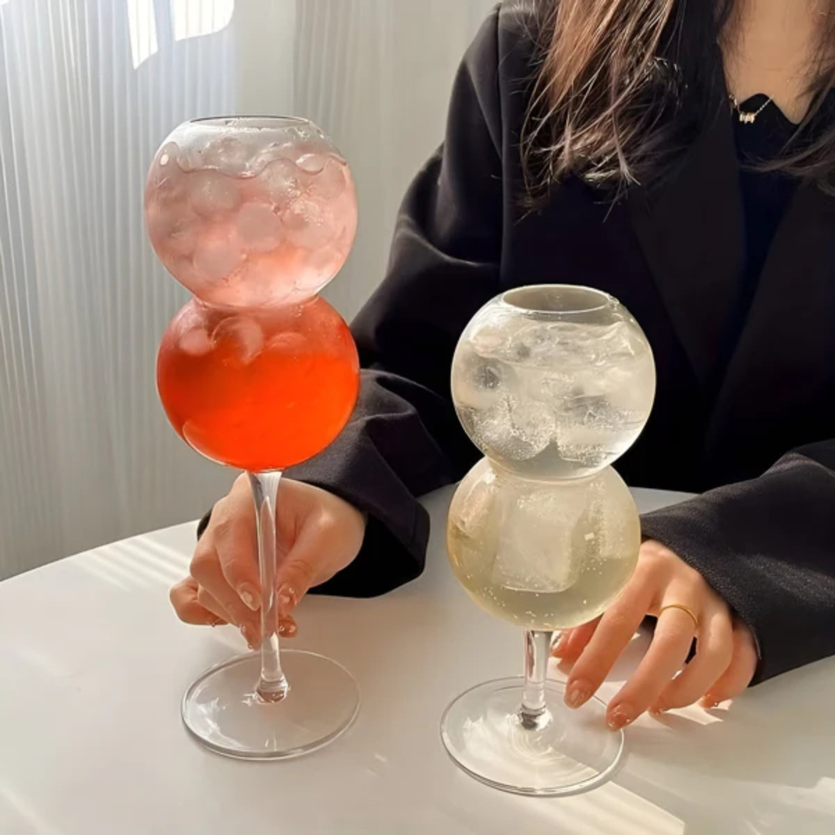 Set of 2 Double Bubble Spherical Cocktail Glasses - Unique Stemmed Sphere Glassware for Cocktails