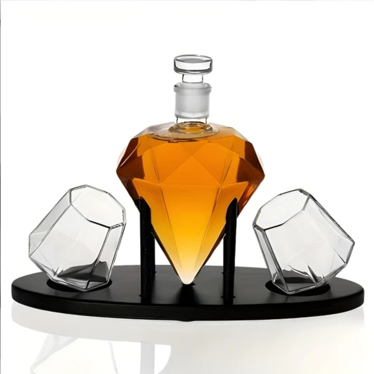 Diamantförmiges Whisky-Dekanter-Set mit 2 Gläsern und Holzständer