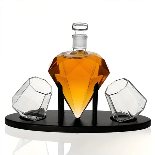 Diamantförmiges Whisky-Dekanter-Set mit 2 Gläsern und Holzständer