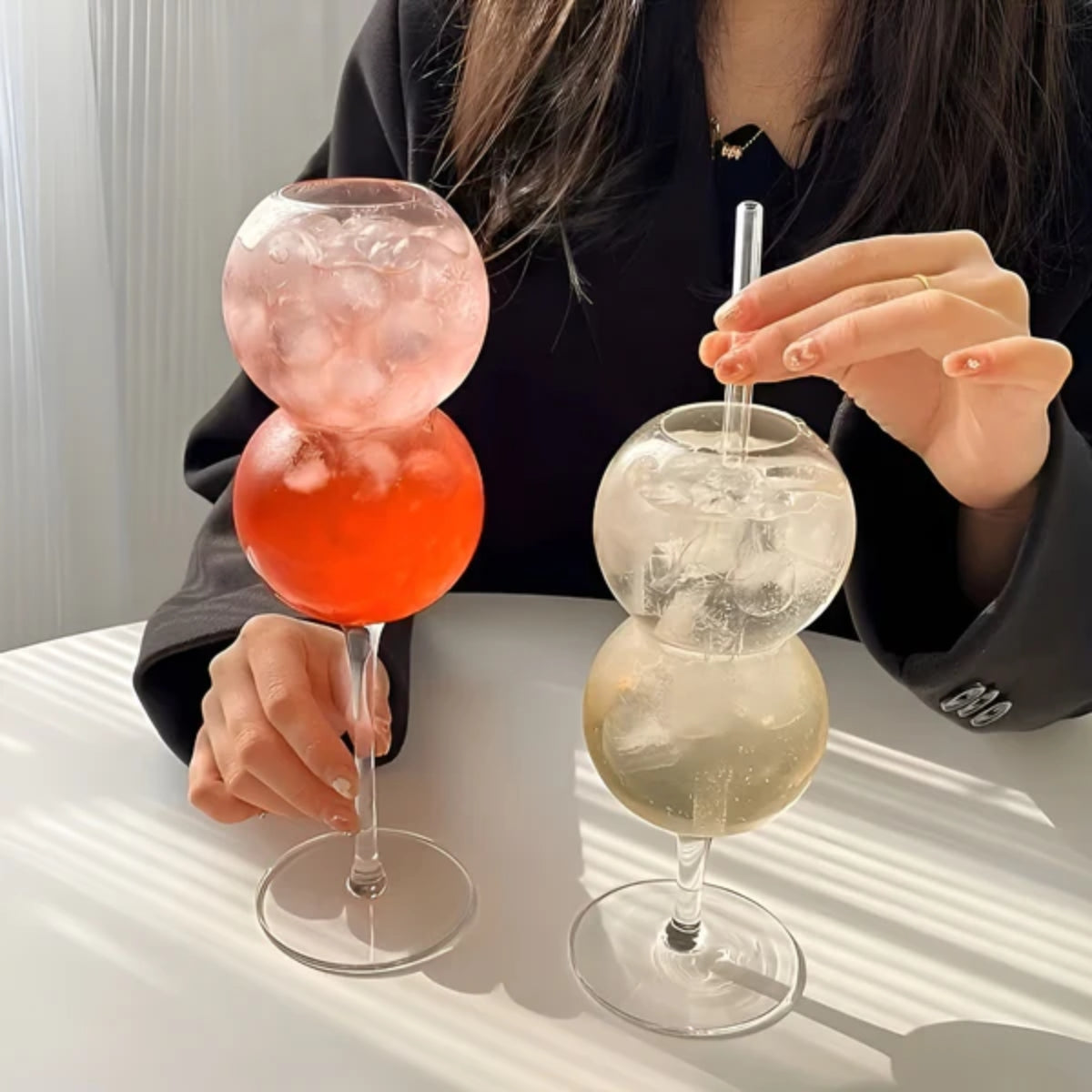 Set of 2 Double Bubble Spherical Cocktail Glasses - Unique Stemmed Sphere Glassware for Cocktails