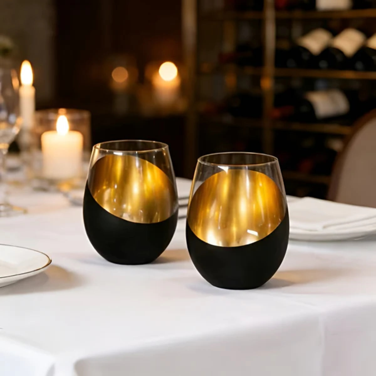 Roségoldene stiellose Weingläser im 2er-Set – geometrische, metallbeschichtete Becher