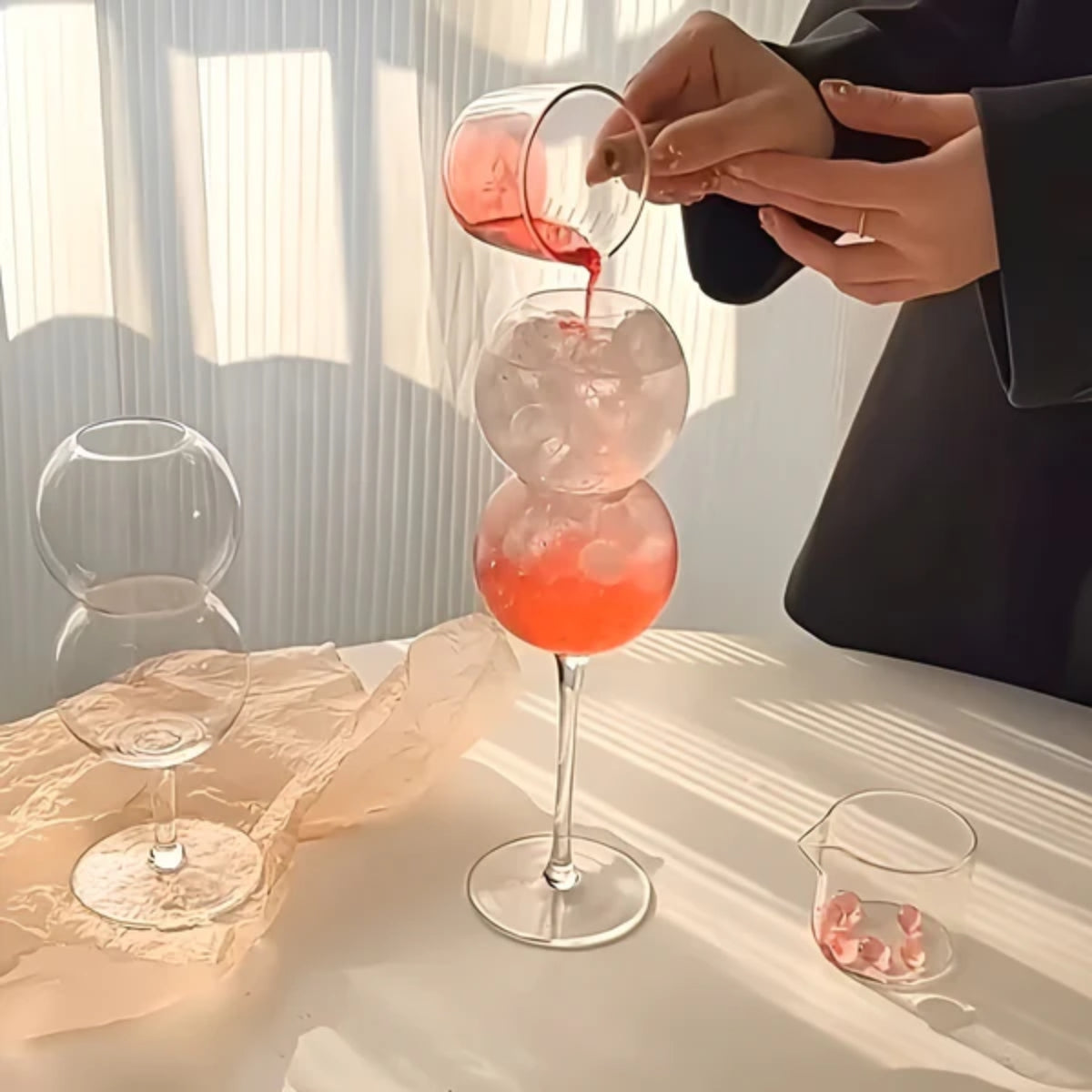 Set of 2 Double Bubble Spherical Cocktail Glasses - Unique Stemmed Sphere Glassware for Cocktails