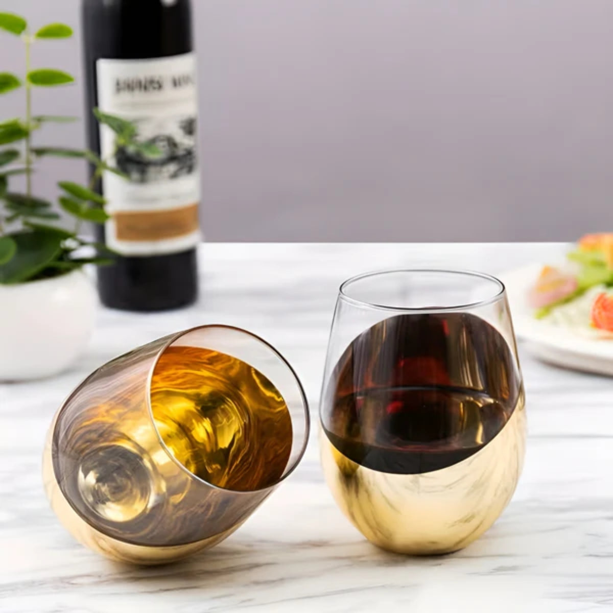 Roségoldene stiellose Weingläser im 2er-Set – geometrische, metallbeschichtete Becher