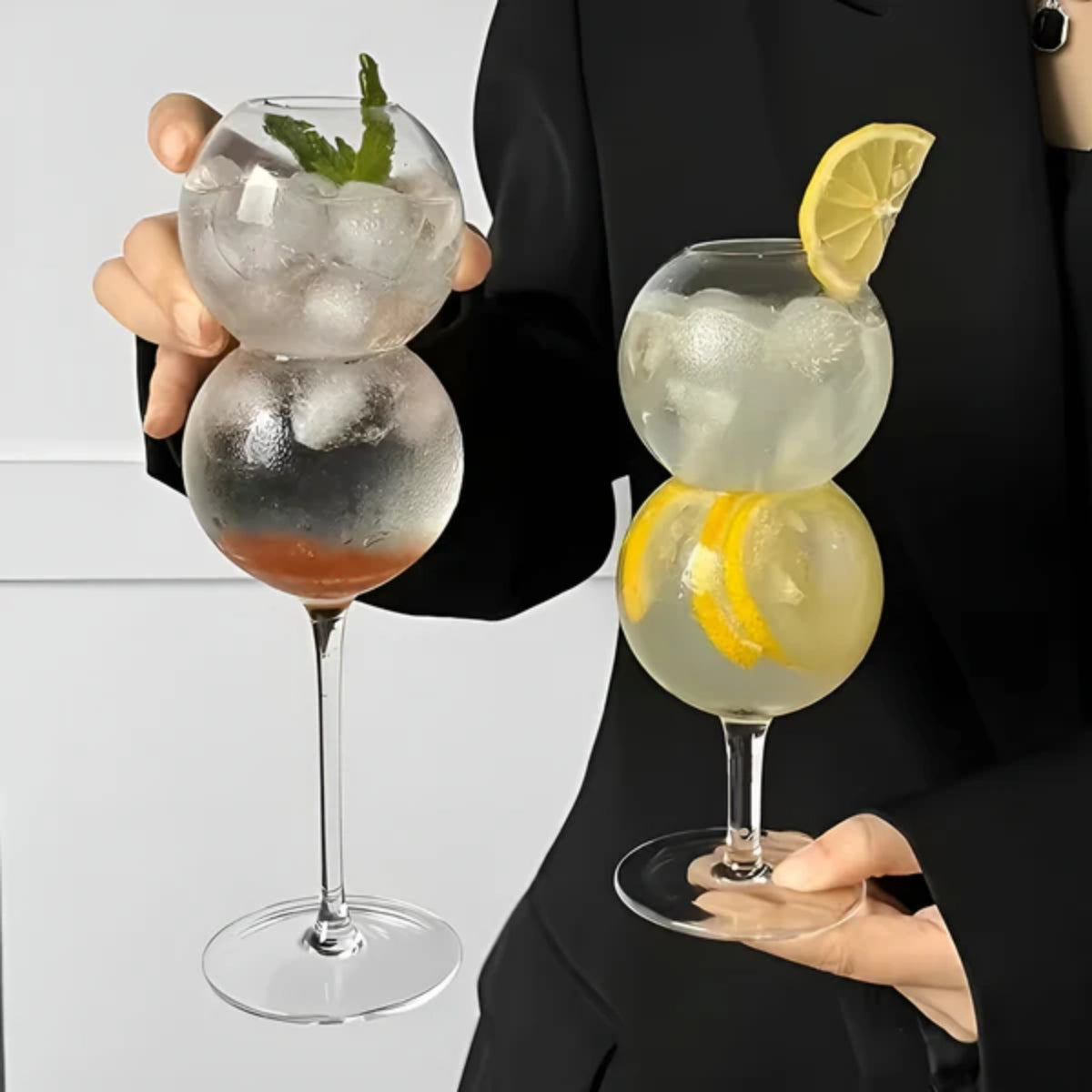 Set of 2 Double Bubble Spherical Cocktail Glasses - Unique Stemmed Sphere Glassware for Cocktails