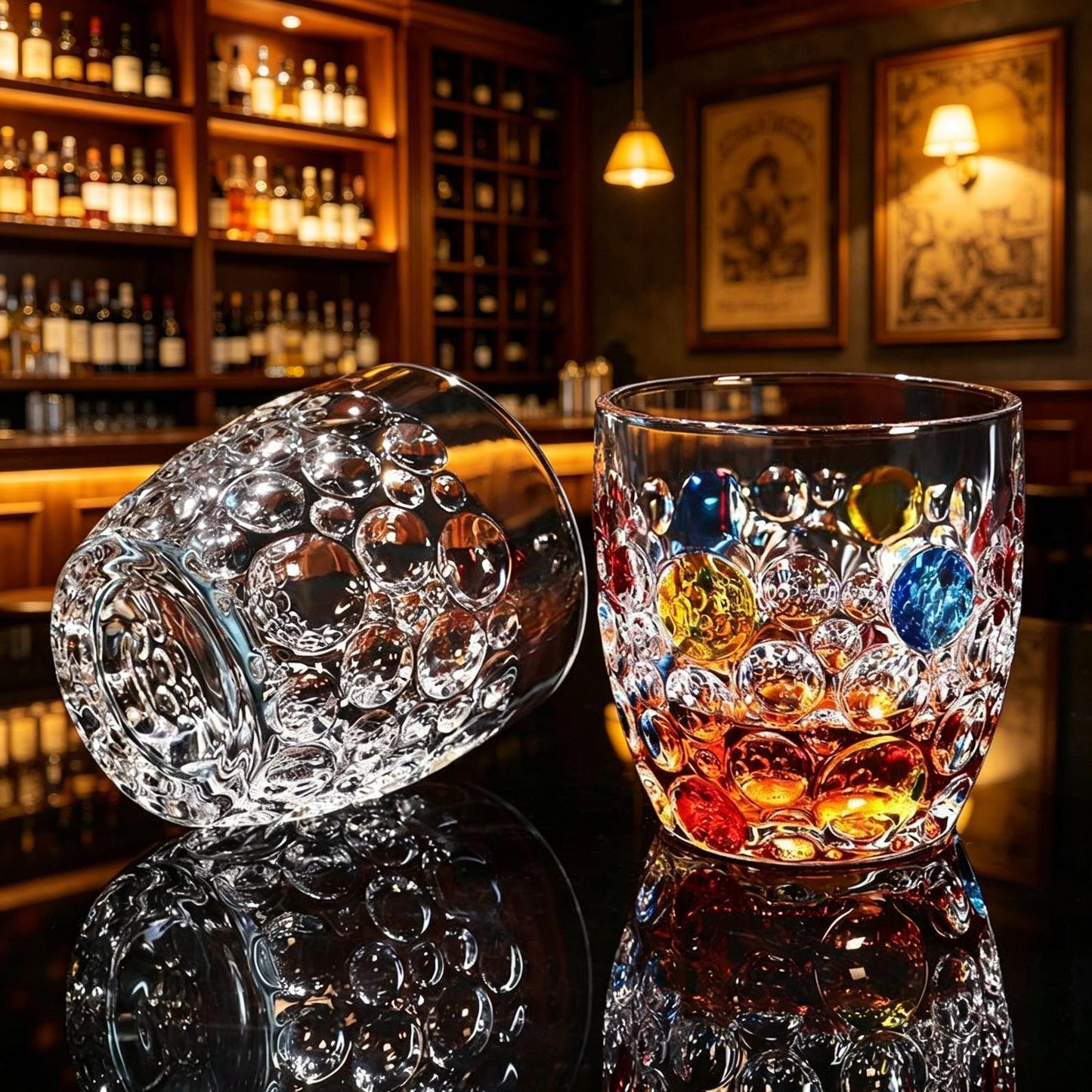 Mundgeblasenes Bubble Whiskyglas, Buntes Kristallglas