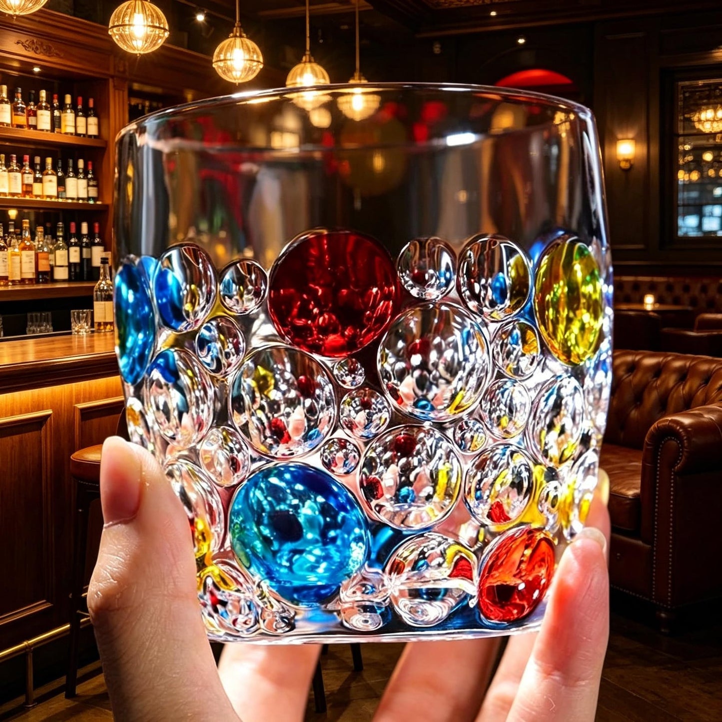 Mundgeblasenes Bubble Whiskyglas, Buntes Kristallglas