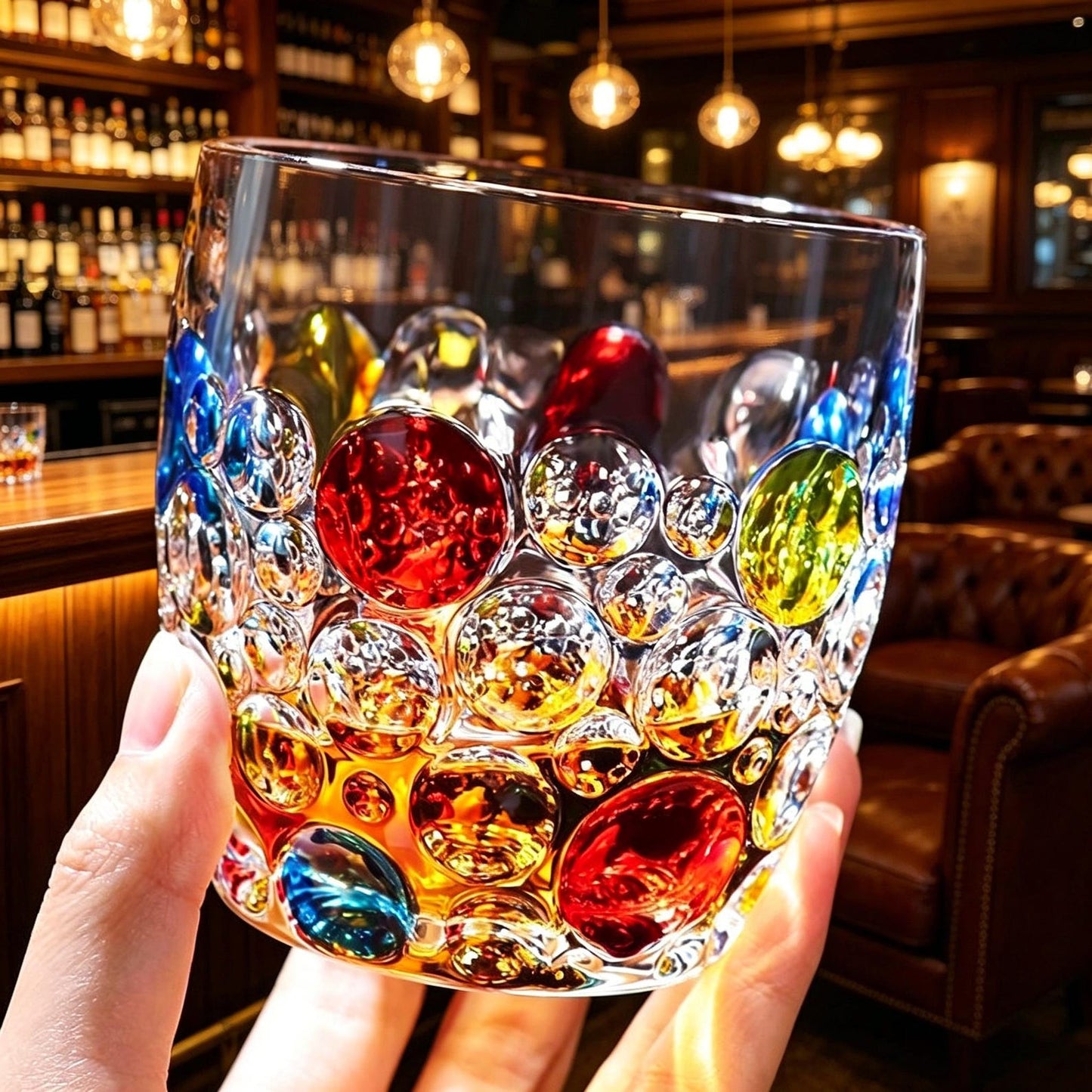 Mundgeblasenes Bubble Whiskyglas, Buntes Kristallglas